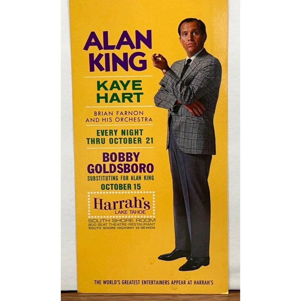 1970 Alan King at Harrahs Lake Tahoe Casino Hotel Vintage Postcard Hand Bill